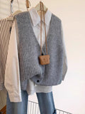 Grey V-Neck Knitted Vest Women's Spring And Autumn 2025 New Autumn And Winter Outside Wearing A Shoulder Sweater Open Shirt