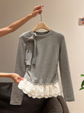 Ballet Style White Lace Hem With Grinding Long-Sleeved T-Shirt Autumn And Winter New Bottom Shirt For Women
