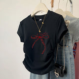 Pure Cotton Bow Short-Sleeved T-Shirt Women's Summer 2025 New Design Sense Small Man Repair On The Shoulder