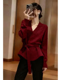 Vintage V-Neck Knitted With Belt Sweater Women's Autumn/Winter 2025 New Loose Lazy Inside The Bottom Shirt Top