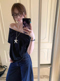Design-Sensitive Cotton Gray Shoulder Loose Short-Sleeved T-Shirt Women's Summer Casual Set-Up White Top