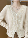 Heavy Industry Fashion Age-Retro-Weighted Women's V-Neck With Lace Lace Tops Autumn Korean Knitwear Coat