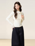 Autumn And Winter Apricot Lace Bow Tie With T-Shirt Long-Sleeved Bottom Shirt With Grinding Plus Velvet Design Top Women's Clothing
