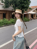 Pure-Want-Style Bow Tie With Short-Sleeved T-Shirt Women's Summer New French Age Reduction Waist Repair Short Top