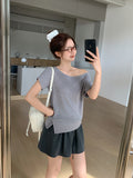 Lazy Sloping Slanted Shoulders Short-Sleeved Women 2026 Summer New Gray Leisure Loose Temperament T-Shirt Top