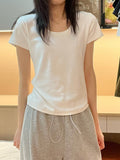Simple Shoulder U Necker Machine Short-Sleeved T-Shirts Summer New High-End Tight Hottie Short Flying Sleeve Top
