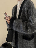 Old Money Wind Dark Gray Mixed V Collar Big Sweater Cardigan Languized High Sense Loose Knitting Coat Fall 2025
