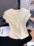 Pure Cotton Shoulder Round Collar Short-Sleeved T-Shirt Women's Summer Design Sense Of Niche Folding Waist Irregular Blouse Tide
