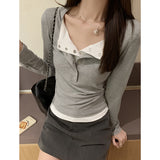 Fake Two Half-Necked Shoulder Long-Sleeved Bottom Shirt Women Autumn Slimming T-Shirts With A Chic Beauty Top