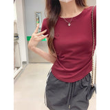 Wine Red Shoulder Embroidered T-Shirt Girl Short Umbilical Pure Folding Small Summer Round Collar Short Sleeve Top