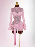 New Temperament Lace Hollow Perspective Splicing Solid Color Body Sex With Short Skirt Dress Dress Woman