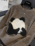 Designing Cartoon Panda Knitted Women 2025 Autumn And Winter New Chic Sweater Loose Top Inside The Bottom