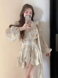 Tea Break French Dress Long Sleeve V Collar Bubble Sleeves To Close Waist Yellow Floral Dress Temperament Waist Fairy Dress Summer Autumn