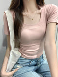 Milk Yellow Low-Collar Bosom Big Hot Babes Shoulder Short-Sleeved T-Shirt Girl Design Sense Of Small Body Summer Pure Desire Blouse