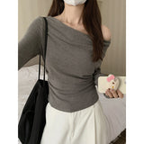French Gray Collar Temperament Long-Sleeved T-Shirt Women Pure Desire In The Autumn Corner Shoulder-Bottomed Shirt