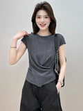 Irregular Round-Neck Short-Sleeved Ice Silk Knitted Women 2025 Summer New Fashion Ocean Design Feel Waist Top