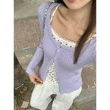 Pure Hot Girl Purple Folded Knitted Cardigan Women Autumn Collar Straight Shoulder Slim Thin Coat Beautiful Short Top