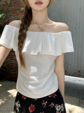 Pure Lustful Wind Shoulder-To-Shoulder Sexy Lotus Side Short-Sleeved T-Shirt Girl Summer New Waist Draw Folds Thin Top