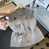 Small Scented Embroidered Sleeveless Vest Knitted Cardigan Women's Spring And Autumn Fat Vest Cover The Stomach Horse Clip Top