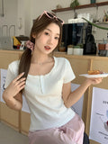 Pure Lace Side U-Neck Short-Sleeved T-Shirt Women 2026 Summer New Collared Button Repair Inside The Bottom Top