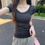 Red Low-Collar Collar Collar Collar Collar Collar Collar Short-Sleeved T-Shirt Girl Summer New Tight Body Sexy Pure Temperament
