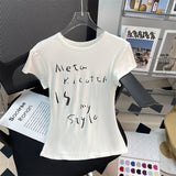 Sweet White Shoulder Short-Sleeved Women's T-Shirt Summer Round Collar Print Letters To The Waist Thin Temperament Chic Short Blouse