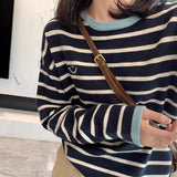 Crash Black And Blue Striped Smiley Face Sweater Woman In Autumn Wearing A Soft Knitted Jersey T-Shirt Lazy Round Collar Top