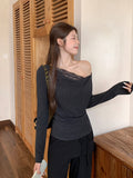 Deep Gray Lace Splicing Collar High-End Sense T-Shirt Women 2026 Early Autumn New Word-Collar Bottom Shirt Top