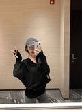 V Collar Bat Sleeve T-Shirt Scimitsed Twist Stacked Long-Sleeved Tee2025 New Thin Low-Collar Top Woman