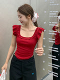 Red Shoulder Collar Lace Short-Sleeved T-Shirt Girl Summer Niche Design Sexy Hot Girl Small High-Waist Top