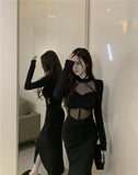 Pure-Want Hottie Mesh Spliced Long-Sleeved Dress Women's New Spring Open-Fork Sexy Long As Hip Skirt