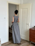 Grey Round Collar Pressure Foldless Sleeveless Dress Elegant Simple Slime Shoulders Low-Rise A-Shaped Dress Summer