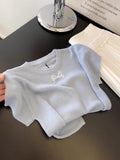 Blue Bow Embroidered Thin Knitted Short-Sleeved T-Shirt Women 2025 New Fashion Shoulder Shirt Top