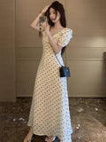 French Wave Point Bubble Sleeve Dress Women's Summer Seaside Vacation Gentle Wind Waist Temperament Unique Beautiful Dress
