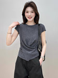 Irregular Round-Neck Short-Sleeved Ice Silk Knitted Women 2025 Summer New Fashion Ocean Design Feel Waist Top
