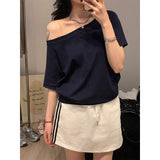 One-Word Collar Shoulder Design Loose Solid Color Short-Sleeved T-Shirt 2026 Summer New Slanted Shoulder Lazy Top