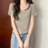 Spicy Collarbone Positive Shoulder Design Fake Two-Piece T-Shirt Girl Short-Sleeved Summer 2026 Super Hot Chic Hot Babes Top