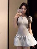 Korean College Style Gray Polo Collar Short-Sleeved Dress Women Summer Small Man To Show Thin Temperament Short Skirt