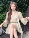 Tea Break French Dress Long Sleeve V Collar Bubble Sleeves To Close Waist Yellow Floral Dress Temperament Waist Fairy Dress Summer Autumn