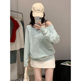 Black Slack Feel Inclined Angle Shoulder Long-Sleeved T-Shirt Girl Out-To-Shoulder Early Autumn Lazy Loose Babes Sexy Shoulder