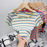 Pure Cotton Shoulder Rainbow Striped Short-Sleeved T-Shirt For Summer New Design Wood Ear Collar Body Dress