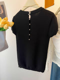 Positive Shoulder Milk Blue Ice Silk Knitted Short-Sleeved T-Shirt Woman 2025 Summer New Design Thin Hollow Top