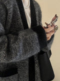 Old Money Wind Dark Gray Mixed V Collar Big Sweater Cardigan Languized High Sense Loose Knitting Coat Fall 2025