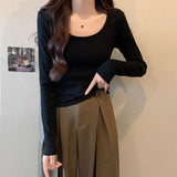 Vintage Low-Neck Shoulder Long-Sleeved T-Shirt Women Early Autumn New Design High Waist Display Thin Short Inside The Bottom Top