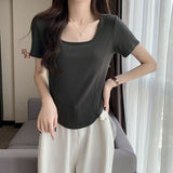A And A And Shoulder-Necked Short-Sleeved T-Shirt For Women's European Summer New Gas-Retro-Retro-Ageed Fish Bone Short Shirt