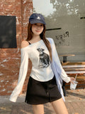 White Puppy Letter-Print Shoulder Strap Design Long-Sleeved T-Shirt Women's Early Autumn Angle Shoulder Folded Shoulder