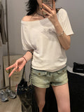 Slanted Shoulder T-Shirt Women's Short Sleeves 2026 Summer New Loose Thin-Skinny Shoulder Blouse