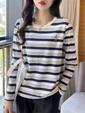 Pure Cotton Striped Long-Sleeved T-Shirt Lady Spring And Autumn Coat Wear 2025 New Bottom Shirt Inside The Loose Gas