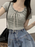 Design Wood Ear With Short-Sleeved T-Shirt For Women's Summer Pure-Want Style Slim Short V-Neck Top Hot Girl