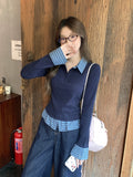 Fake Two POLO Collar Stitching Bump Color Long-Sleeved T-Shirt Women 2026 Early Autumn New Design Button Top